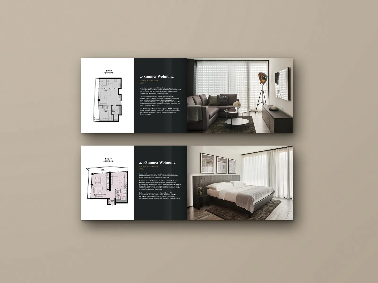 Broschüre THREE POINT Apartments, Doppelseiten Junior und Senior Apartment, Arbeit von Koni Arora
