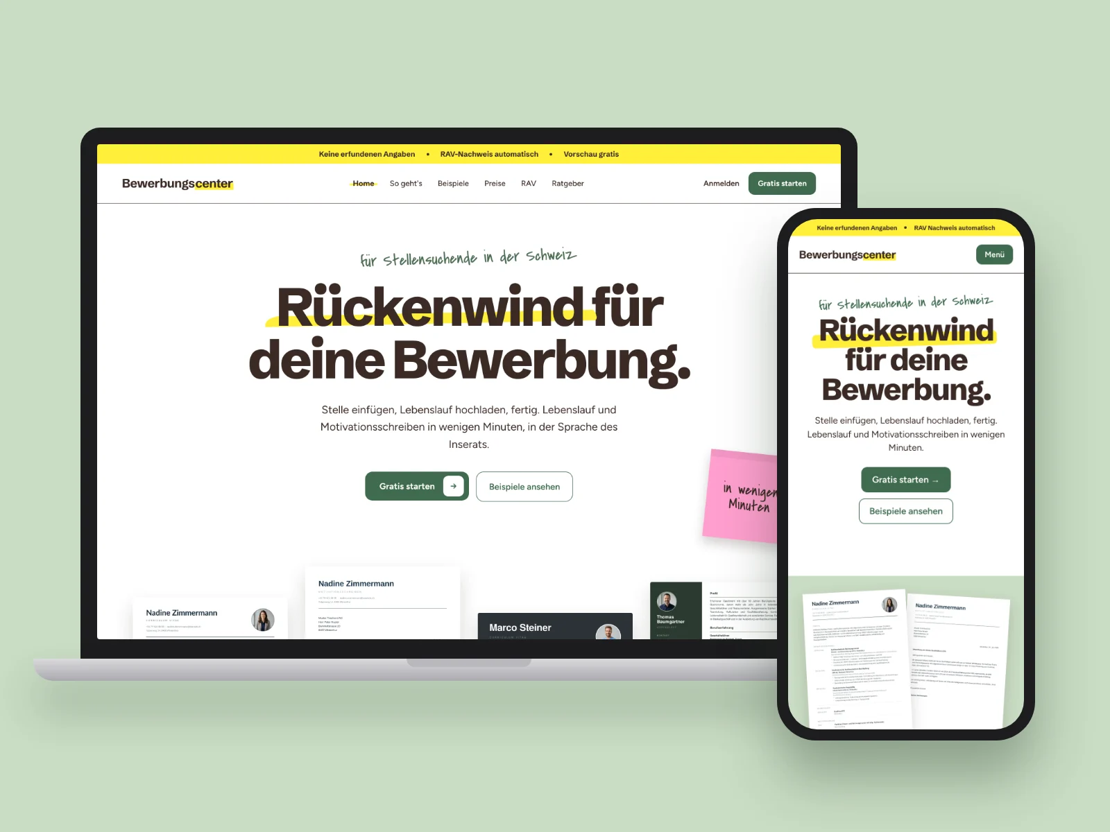 Bewerbungscenter.ch auf Laptop und Handy